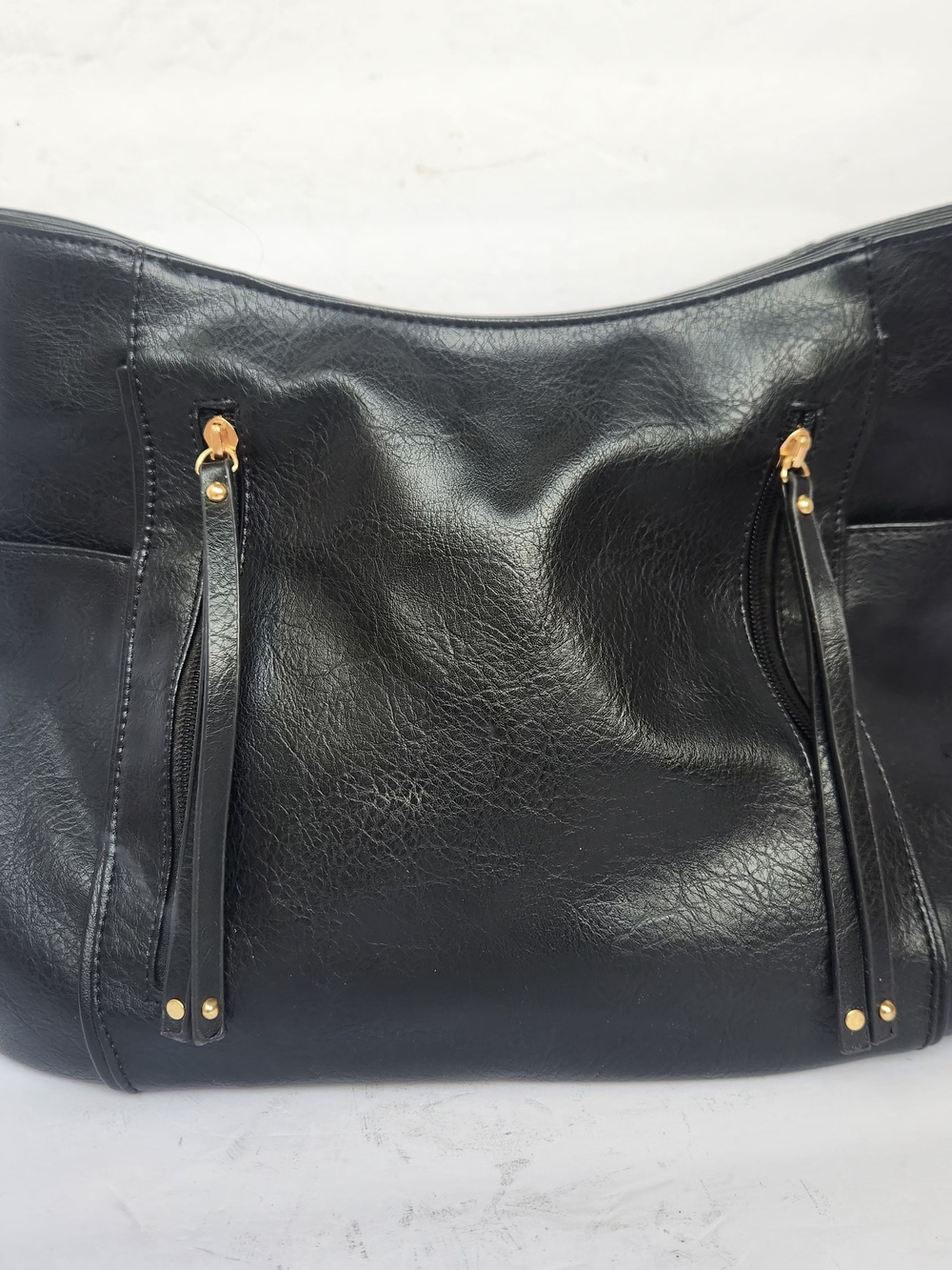Kossy Black Leather Shoulder Tote with Gold Accents